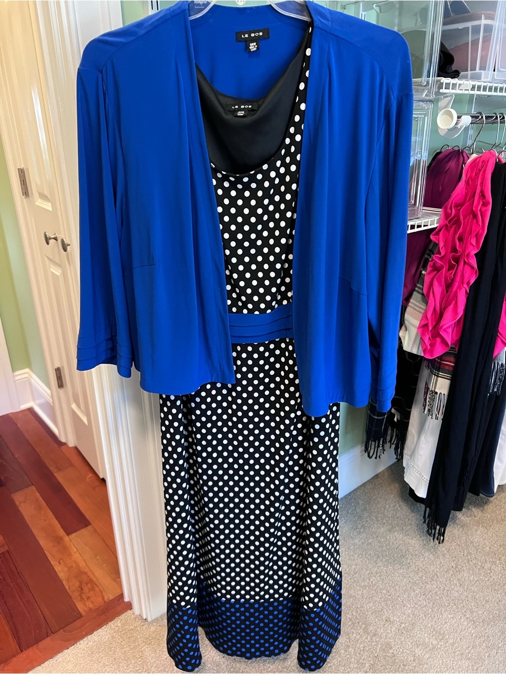 Le Bos Polka Dot Asymmetrical Maxi Dress with Royal Blue Jacket